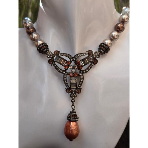 Vintage Heidi Daus Necklace Soft Gray Pink & Brown Faux Pearls & Rhinestones - Picture 1 of 10